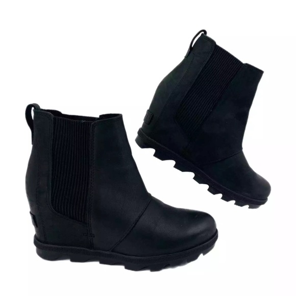 Sorel Joan of Arctic Platform Wedge II Chelsea Boots Bootie, Black Leather SZ 10 - Picture 2 of 7